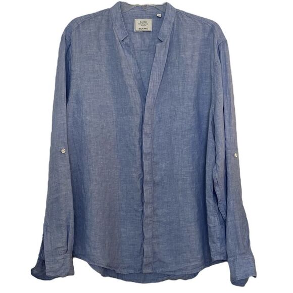 Baird McNutt Murano Linen Mens Shirt XL Sky Blue Band Collar Long Sleeves V Neck - Picture 1 of 9